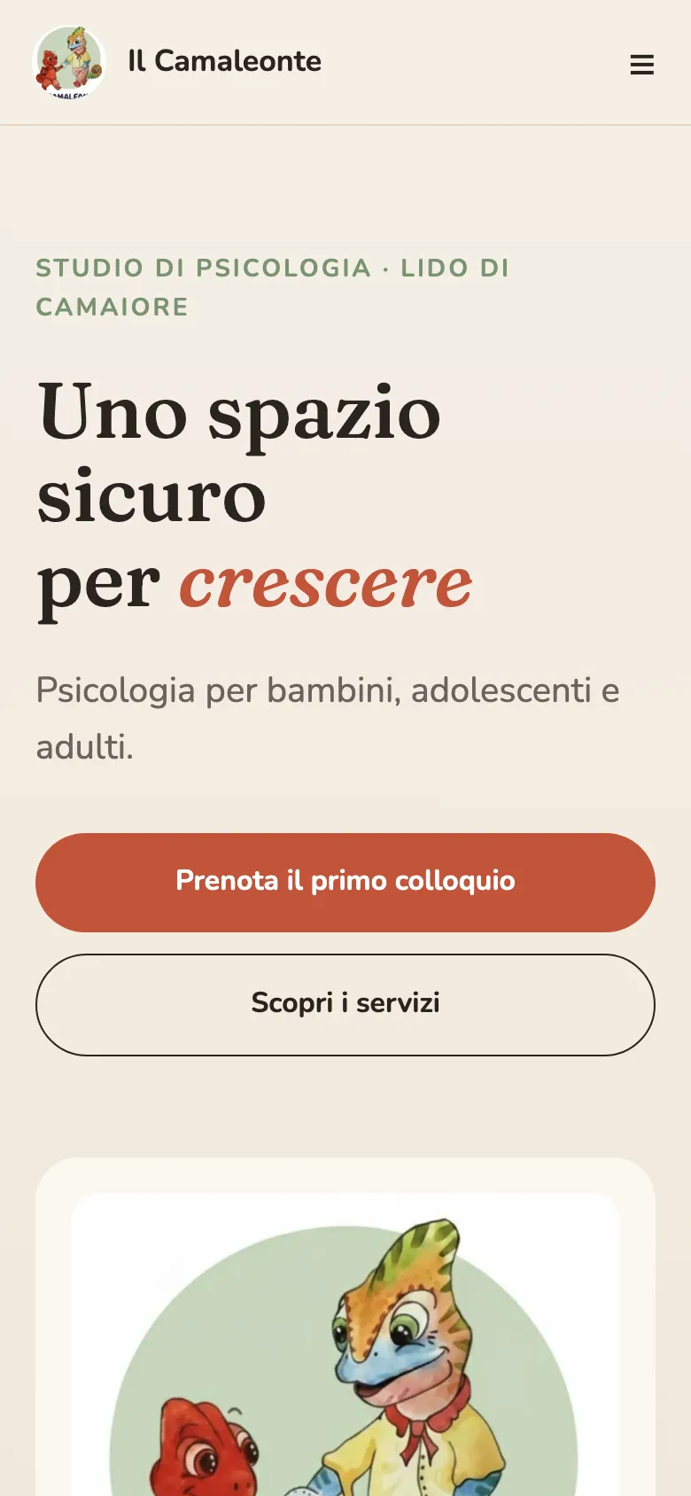 Versione mobile del sito Il Camaleonte, con menu compatto e invito a prenotare il primo colloquio