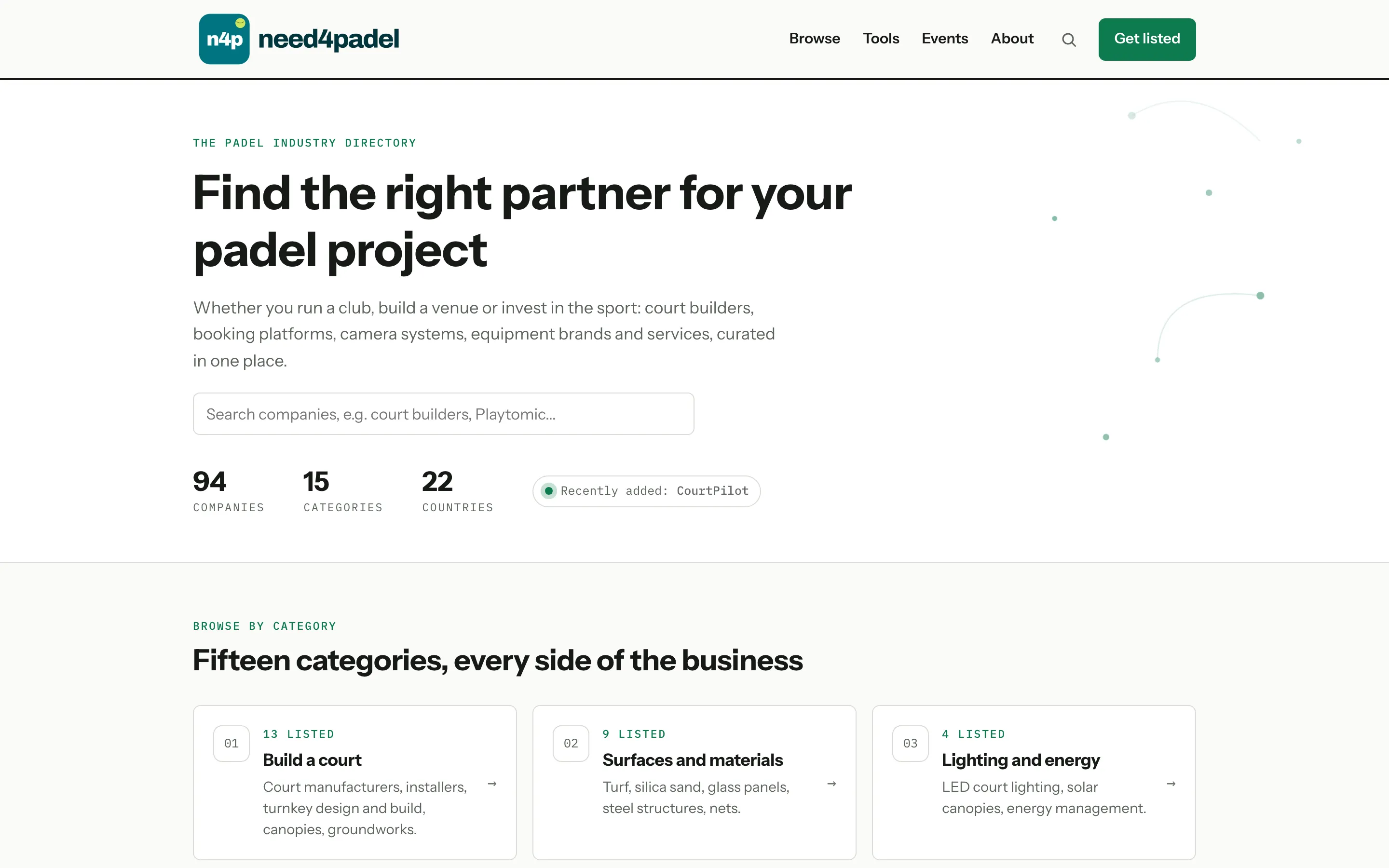 Homepage di Need4Padel: titolo Find the right partner for your padel project, ricerca e contatori con 94 aziende in 22 paesi